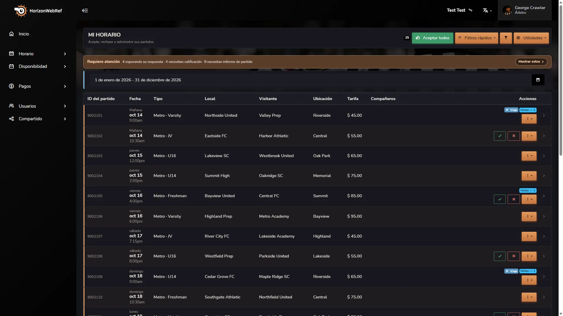 Calendario personal de eventos de Horizon Staff Scheduler en modo oscuro
