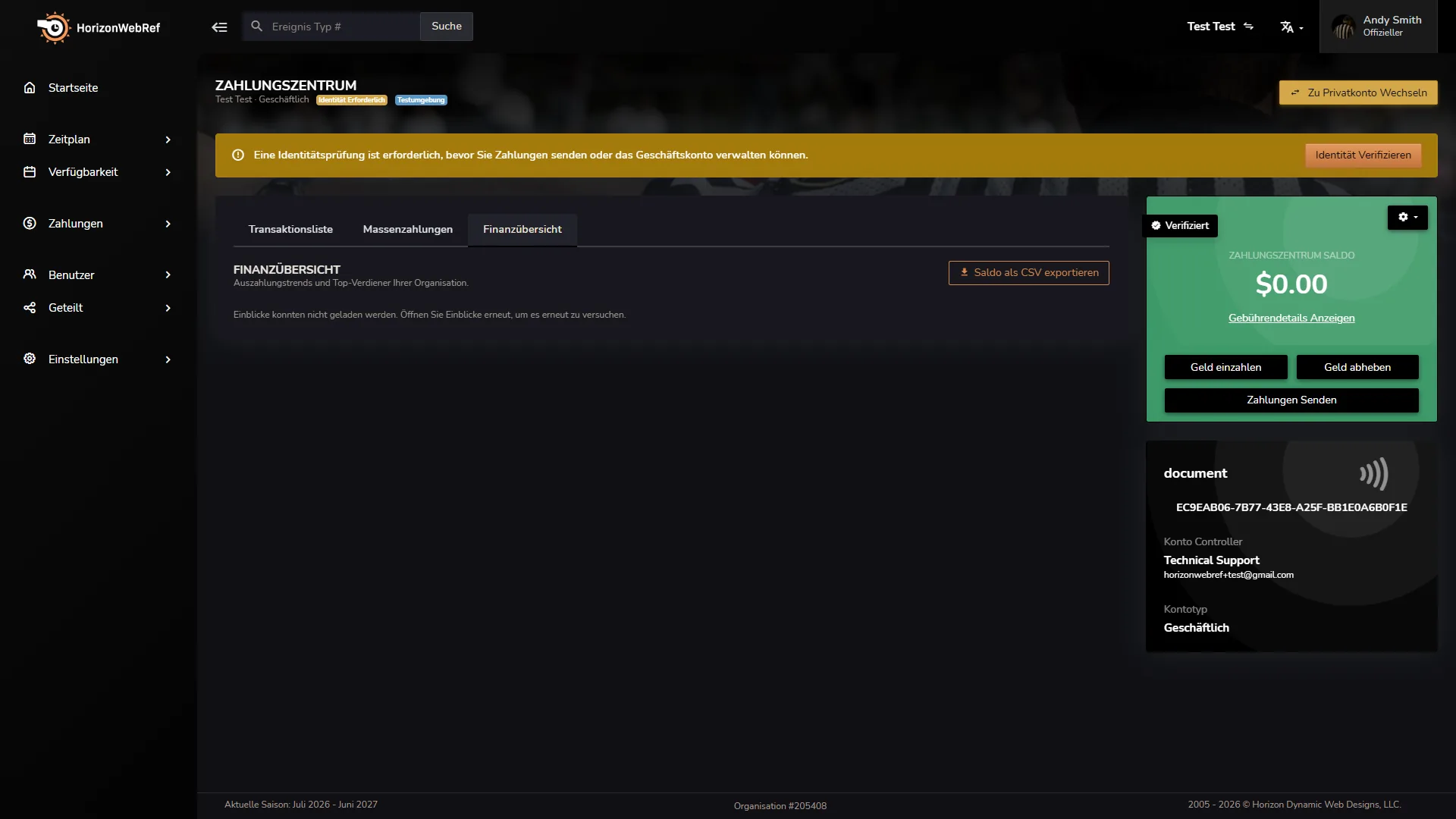 Horizon Staff Scheduler Payment Center Finanzielle Einblicke im dunklen Modus