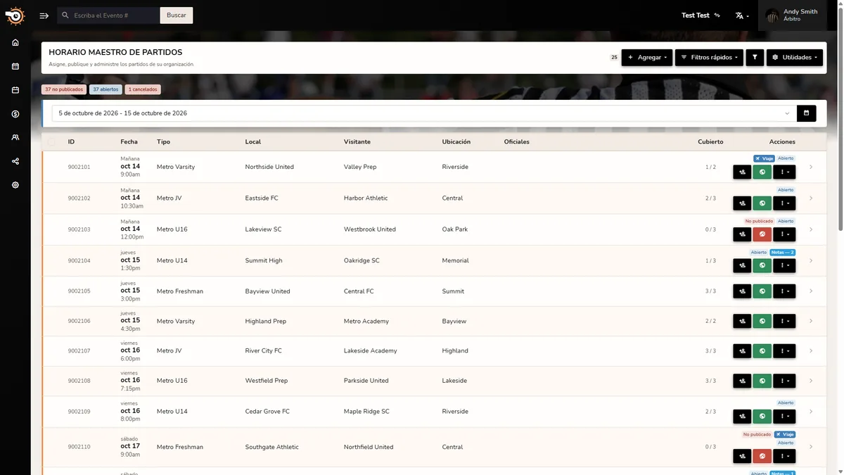 Calendario maestro de eventos de Horizon Staff Scheduler en modo claro