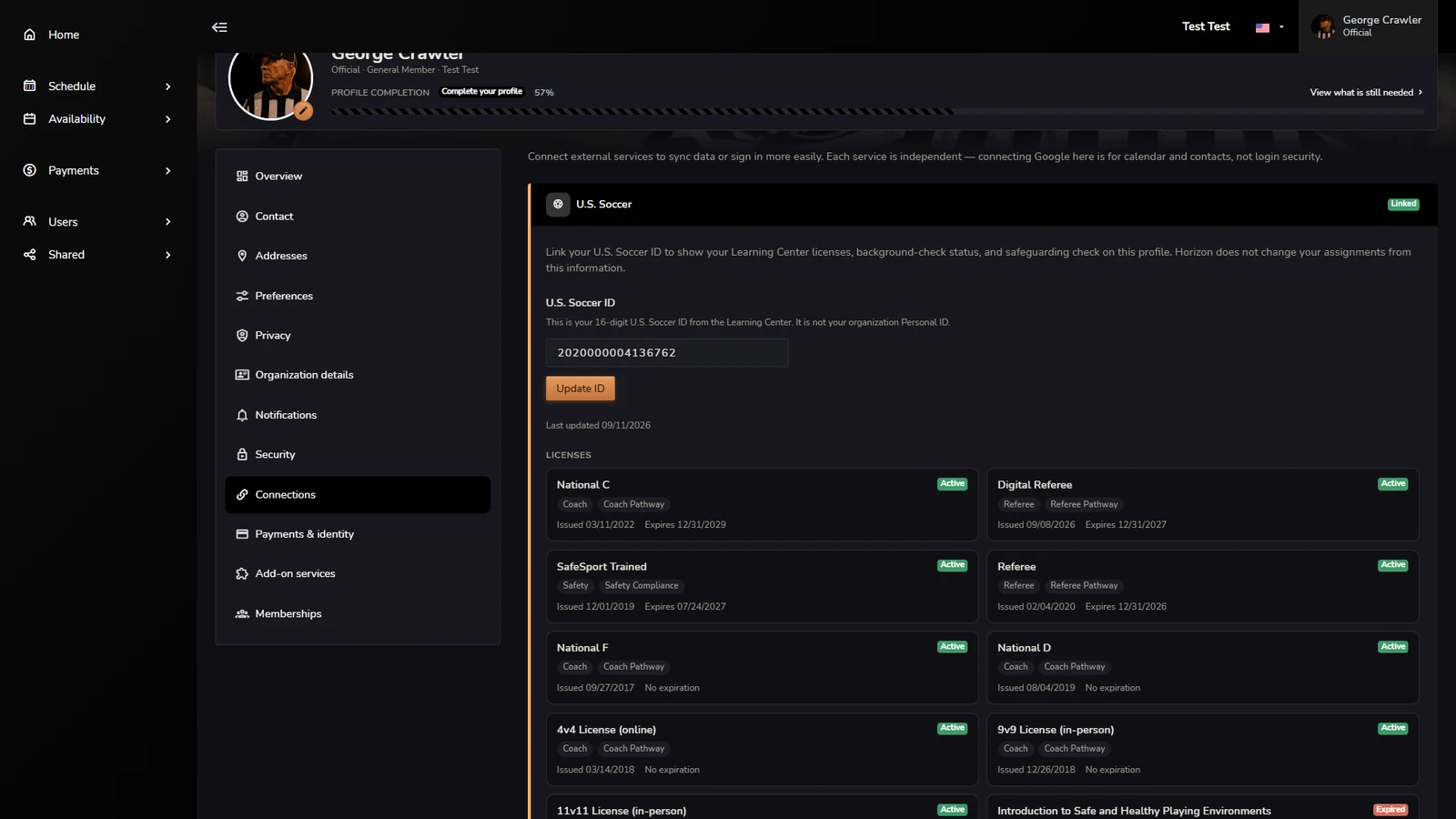 Horizon Personal Profile showing a linked U.S. Soccer ID, Learning Center licenses, and status