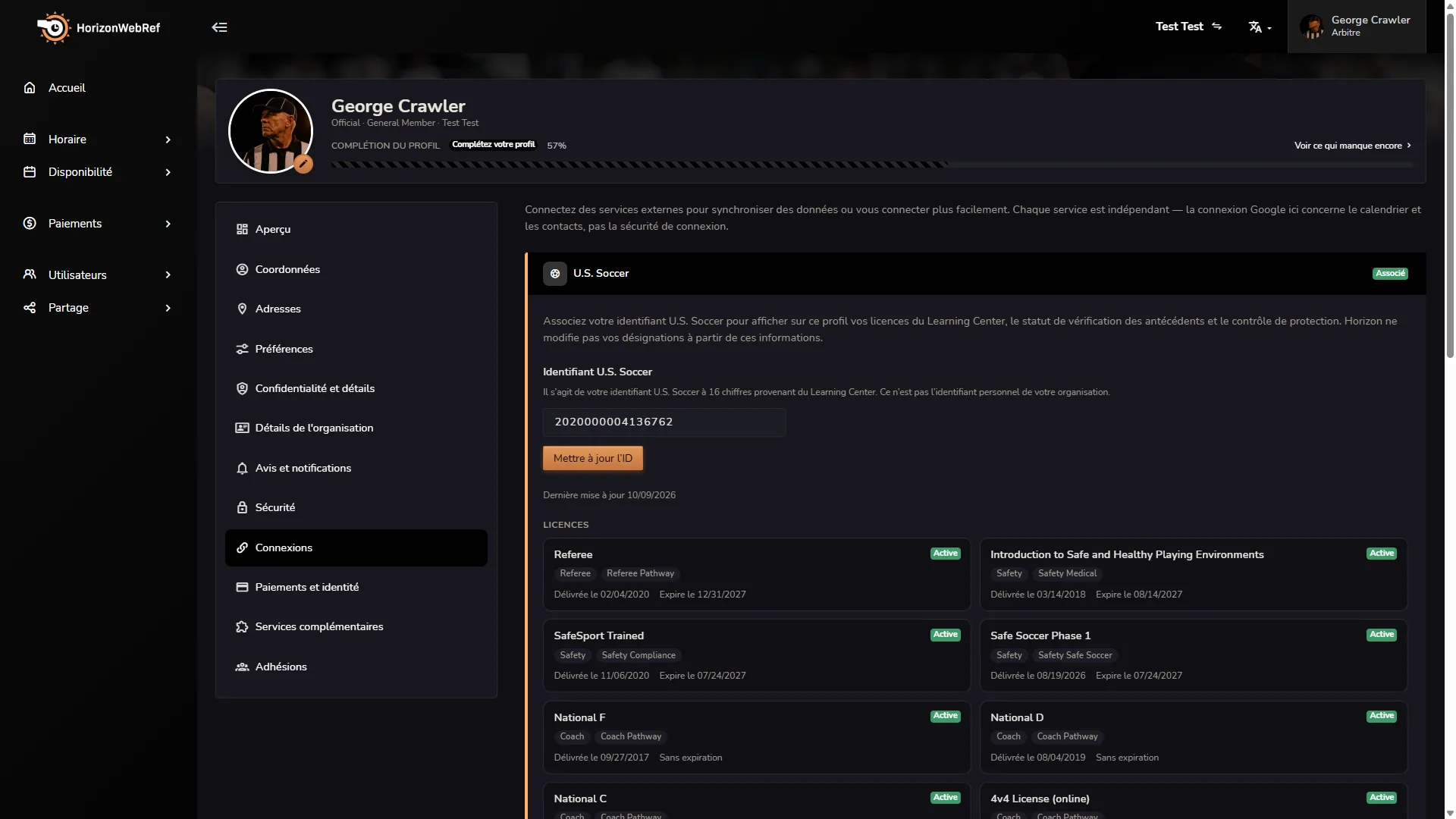 Profil personnel Horizon montrant un identifiant U.S. Soccer lié, les licences Learning Center et le statut