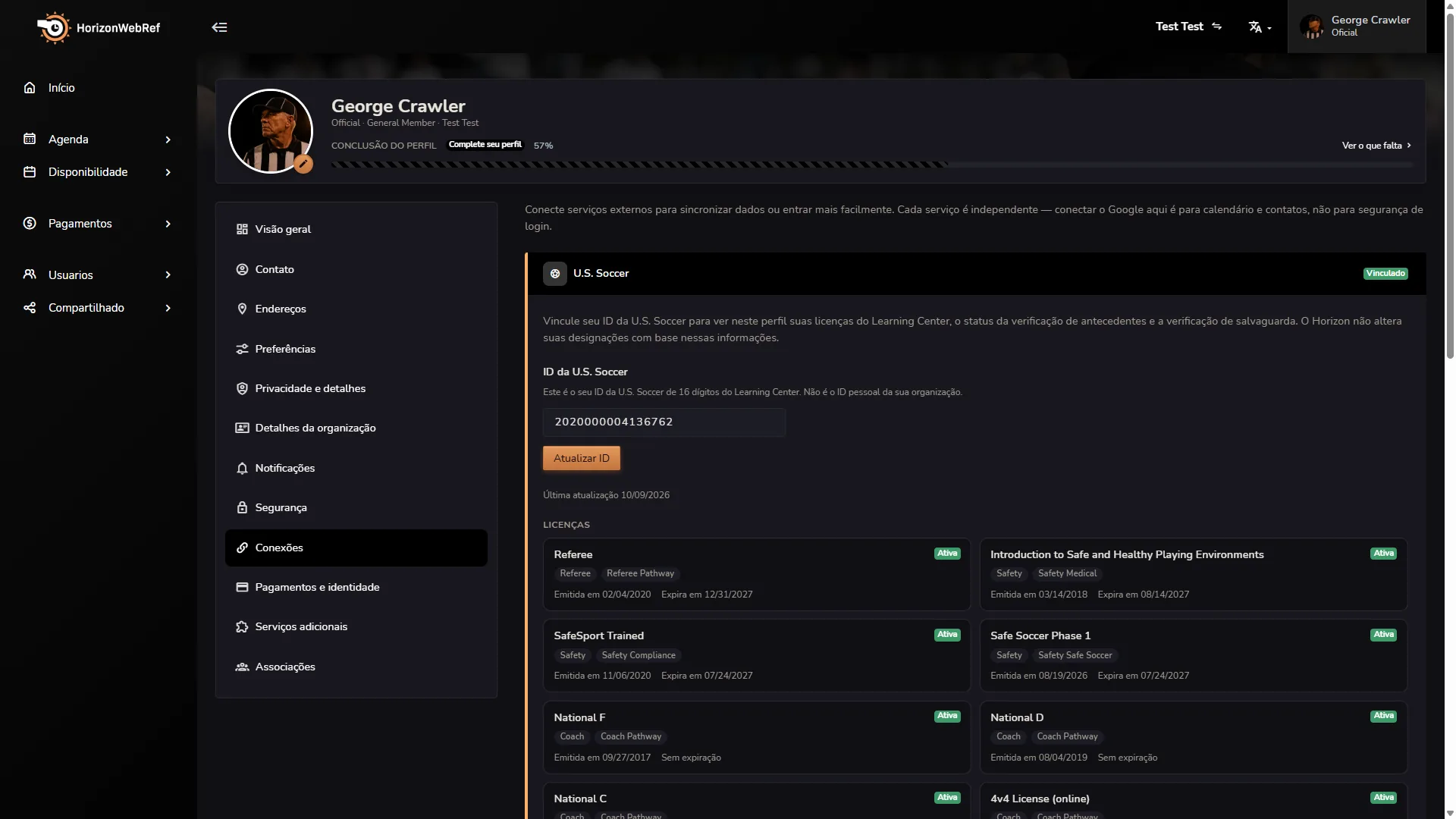 Perfil pessoal do Horizon mostrando um ID U.S. Soccer vinculado, licenças do Learning Center e o status